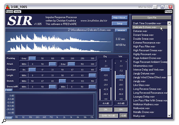 You don't have to limit yourself to reverb when using convolution plug-ins. Any audio files can be loaded in as an impulse response, providing a vast range of complex effects. Here you can see some of the 863 effects of the Spectral Relativity library (reviewed in this article) loaded into the freeware SIR plug-in.